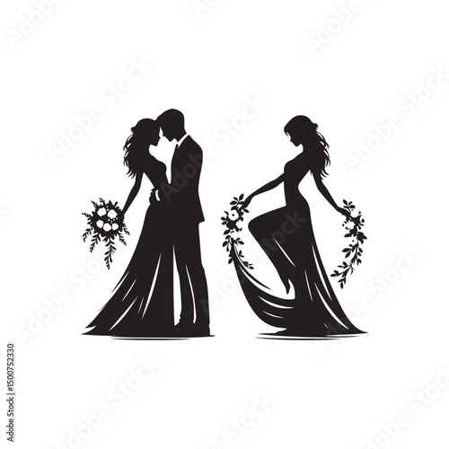 couple vector silhouette clip art logo illustration. Dating, Wedding, and Romantic Scenes. Romantic Couples Silhouette Set for Wedding Invitations & Love Themes.