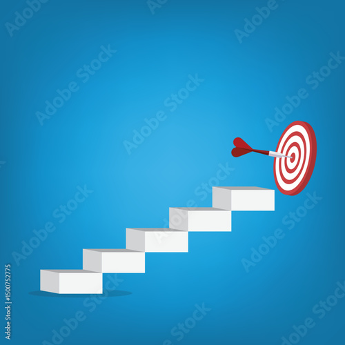 Goal, motivation to success. Climb up stairs to reach goal target on the top.