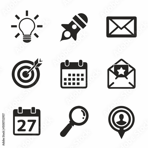 Business and Finance Icon Set – 3x3 Grid of Black Symbols on White Background SVG