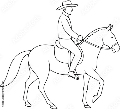 Line drawing shows a man with a hat riding a horse peacefully onward