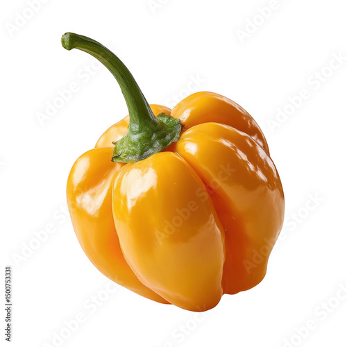 Close up of a single yellow scotch bonnet pepper with a green stem on a transparent background