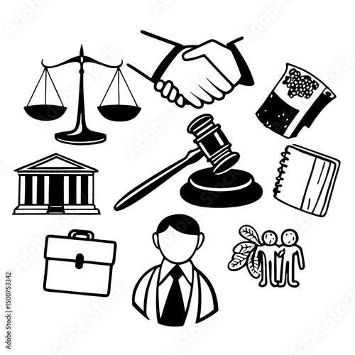 Justice icon set vector illustration: black silhouette collection of gavels, law books, and related symbols for web and business design