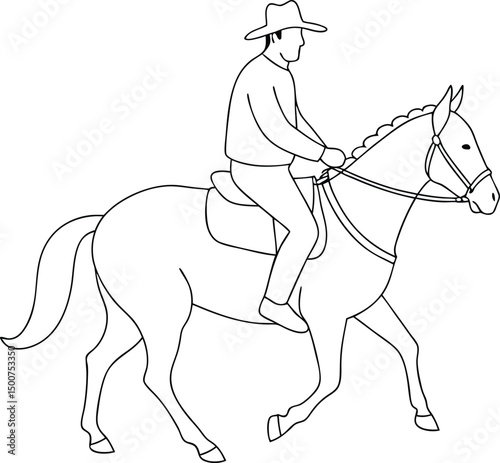 Line drawing shows cowboy riding horse gracefully, wearing hat on a saddle