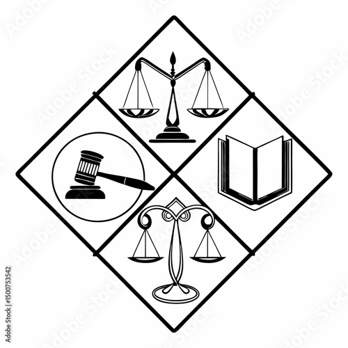 Set of icons illustrating the balance of law and finance with pyramid and mountain symbols