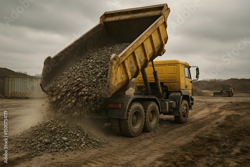 A yellow dump truck unloads gravel on a rural construction site under cloudy skies. photo