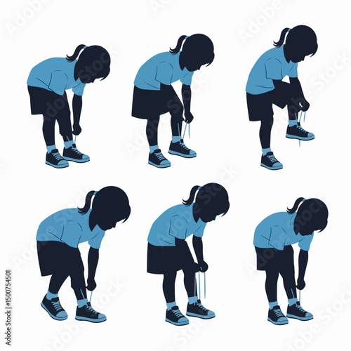 Girl tying shoelaces sequence dark blue light blue