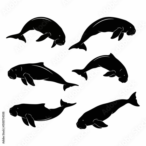 Dugong animal silhouettes set swimming ocean sea