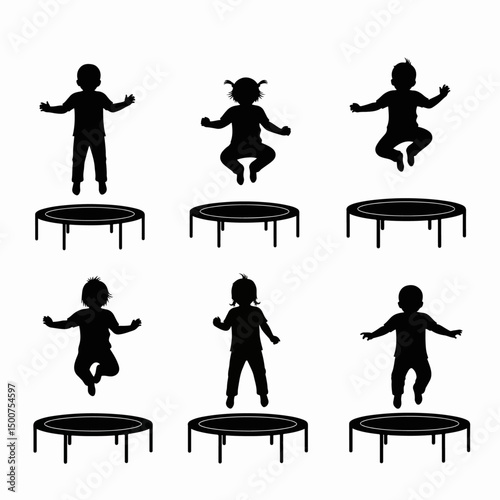 Children silhouettes jumping on trampoline isolated on white