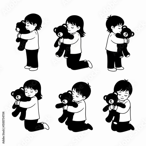 Child hugs teddy bear simple concept art