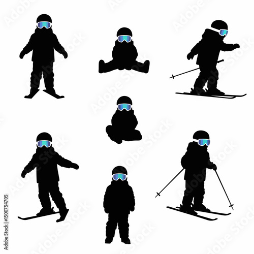 Child silhouettes skiing in winter outdoor activity