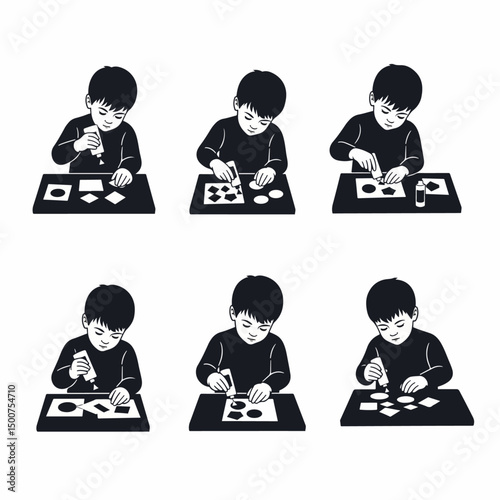 Child making crafts with glue and shapes