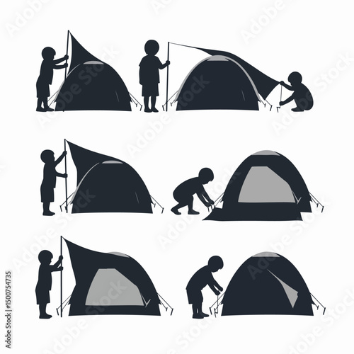 Child building a tent in silhouette form