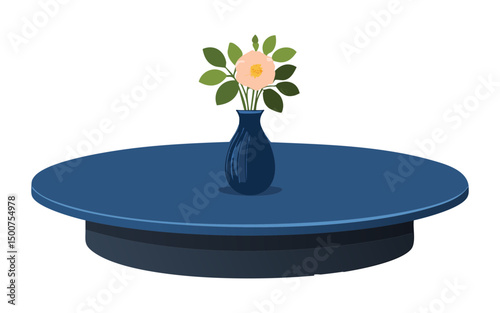 Dark Blue Round Table with Vase of Flowers