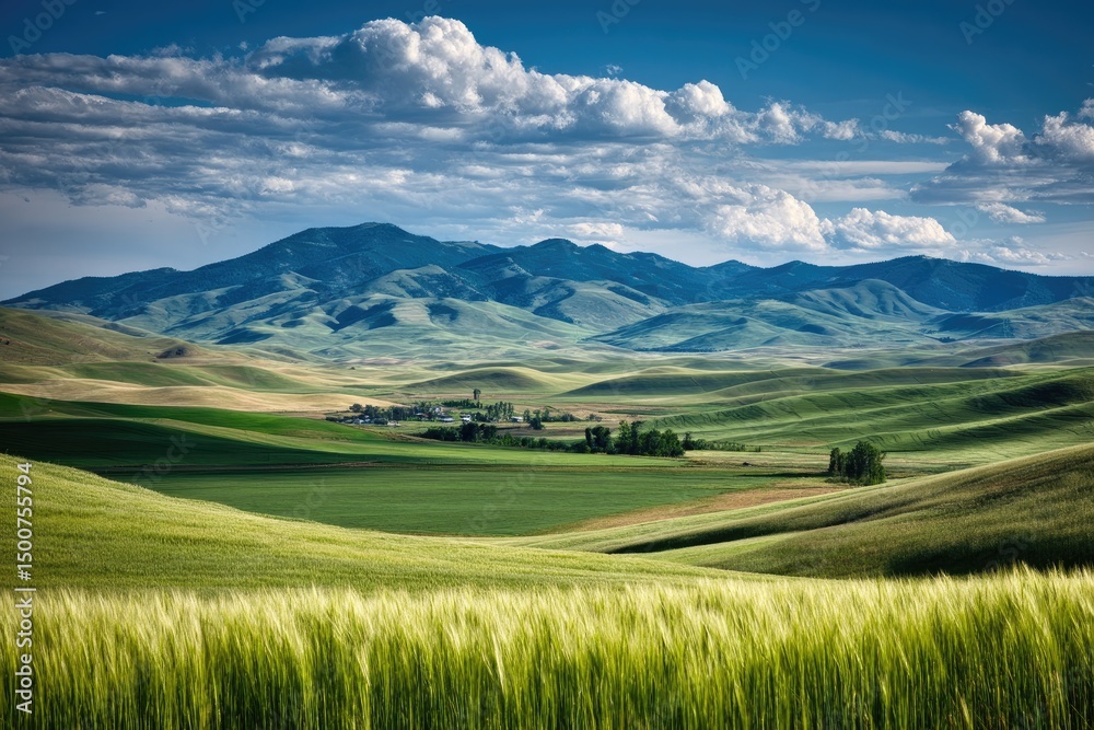 Fototapeta premium Serene Green Fields and Distant Mountain Beauty