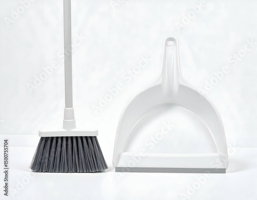 A clean and minimalistic image featuring a broom and dustpan, symbolizing tidiness and organization in a bright setting