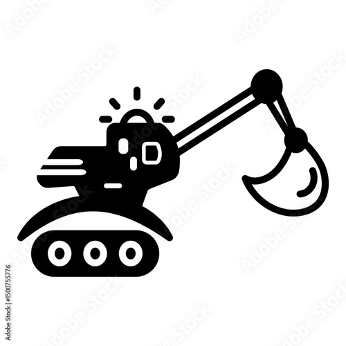 Bold form of an excavator, a heavy construction machine, with its shovel arm extended, indicating digging or building activities.