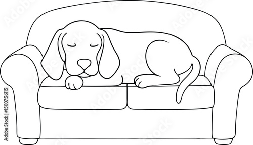 Outlined puppy with floppy ears peacefully sleeps on a soft comfy sofa