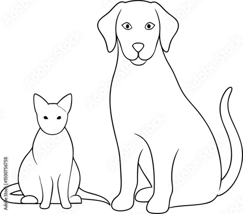 Seated feline animal with canine friend outline together in simplicity shows partnership and togetherness