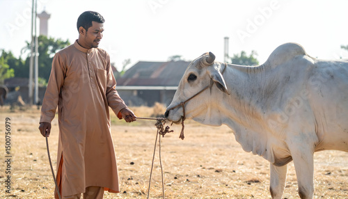 A man in traditional attire gently leading a cow in a rural setting, with fields and distant buildings under a clear sky