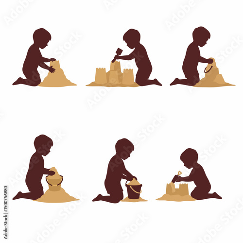 Kids silhouettes playing sandcastle summertime fun
