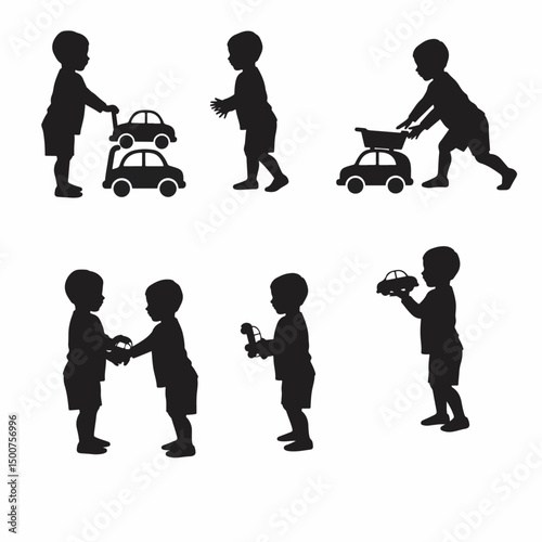 Kids playing with toy cars silhouettes