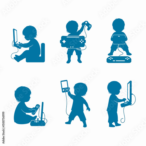 Kids playing with video games silhouette collection
