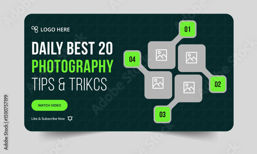 Trendy photography tips and tricks video thumbnail banner design, daily photo shoot technique video cover banner design, fully customizable vector eps 10 file format