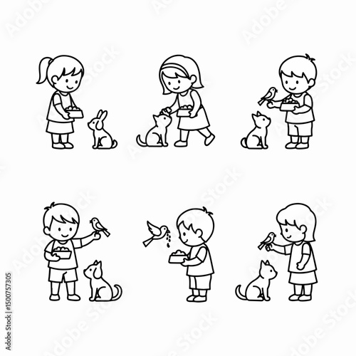 Children feeding animals drawing line art