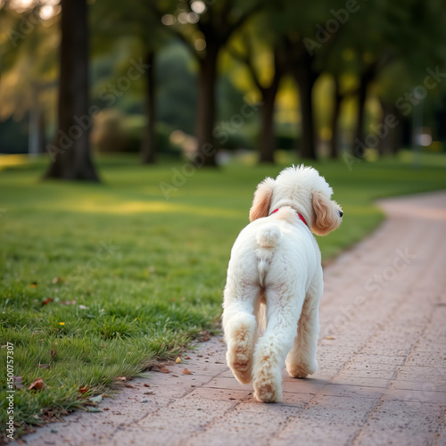 Cute white dog walking indoors during daylight in a bright and cheerful setting
