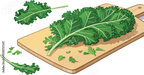 Fresh Kale on White Cutting Board Vibrant Vector Illustration