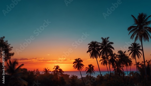 Stunning tropical sunset with silhouetted palm trees against a vivid gradient sky, creating a serene and picturesque view.