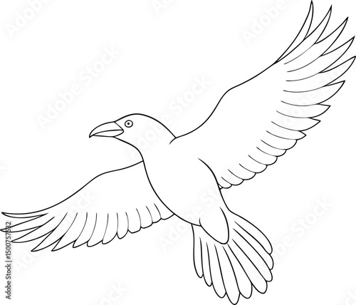 Simple line drawing showcases a soaring black raven with intricately detailed feathers spread widely