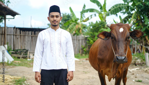 A man in traditional attire stands proudly next to a cow in a rural setting, surrounded by lush greenery and a wooden fence