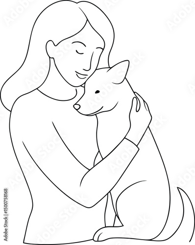 Smiling woman lovingly embraces her dog in a simple, heartwarming line drawing