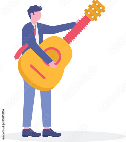Creative man doing artistic activities. man with a guitar greets and waves his hand.

