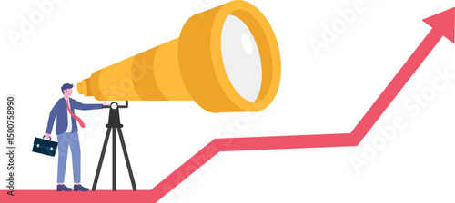 smart businessman looks through a big telescope on a growing graph.
