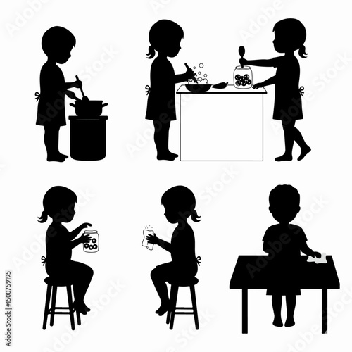 Silhouette of kids doing chores at home