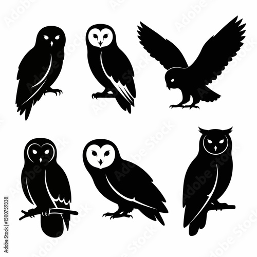 Owls silhouette bird nocturnal flying perched set