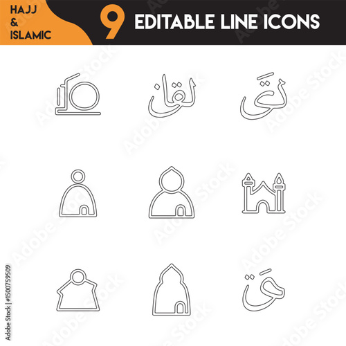 Hajj, Eid and Islamic Outline Icons Set for Islamic Pilgrimage Vector Art Projects.
