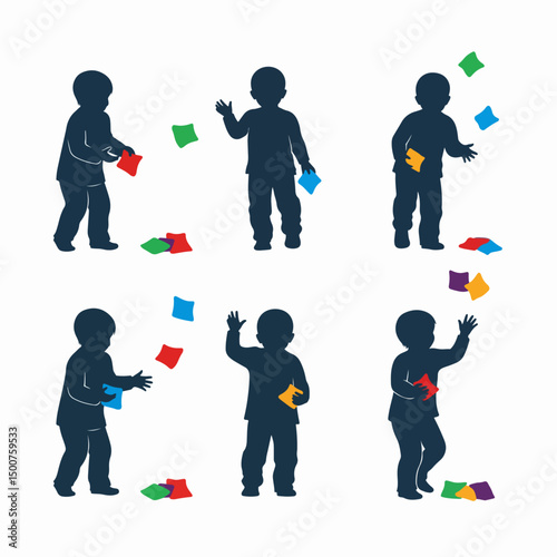 Kids playing bean bag toss silhouette