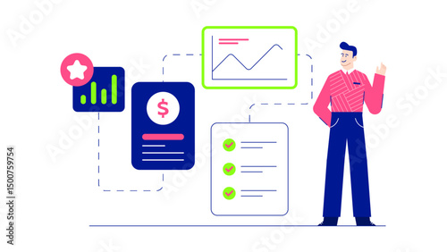 Businessman reviewing financial reports. Business roadmap and long term vision strategy Ideal for corporate presentations, finance blogs, investment articles, and business related social media posts.