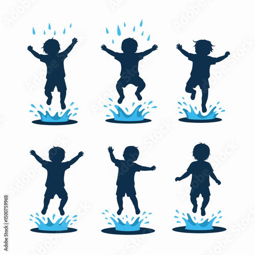 Child jumping puddle playful water fun silhouette