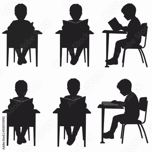 Child reading book silhouette at school desk
