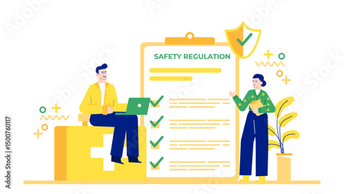 Safety regulation checklist. Workplace safety and office health standards, perfect for safety presentations, workplace training materials, and regulatory compliance concepts.