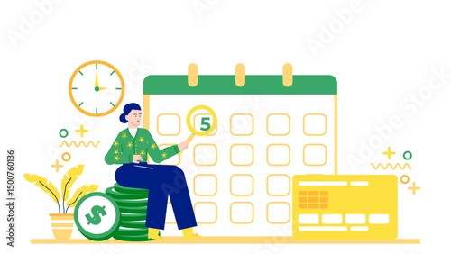 Woman pointing to calendar with magnifying glass on stack of coins, financial planning concept for business or personal finance. Monthly budget planning for small business owner