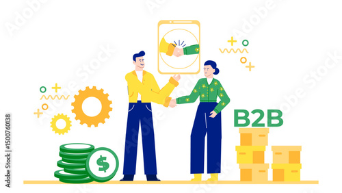 Two people shake hands in front of a smartphone and boxes labeled b2b. Suitable for business partnership concepts and technology design.