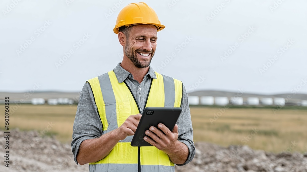 Obraz premium Construction worker in hard hat and safety vest using a tablet outdoors.