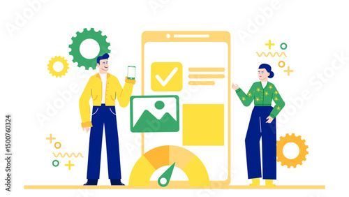Two people view a large smartphone displaying a speed meter. Suitable for illustrating mobile technology, communication, and fast internet speed concepts.