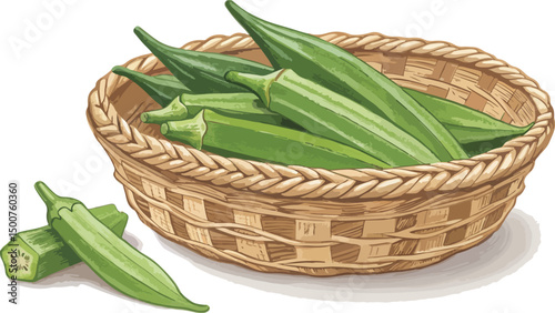 Ladies Finger Okra in Wicker Basket White Background Design