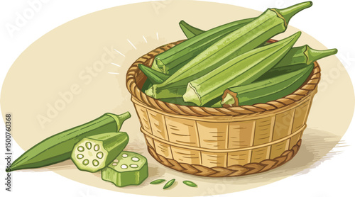 Ladies Finger Okra in Wicker Basket Natural Background